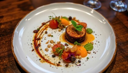 A luxurious gourmet meal was presented on a sleek, modern plate, with each component of the dish carefully placed to highlight its individual characteristics