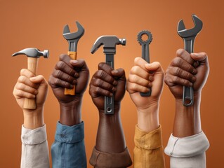 Diverse hands holding tools teamwork illustration