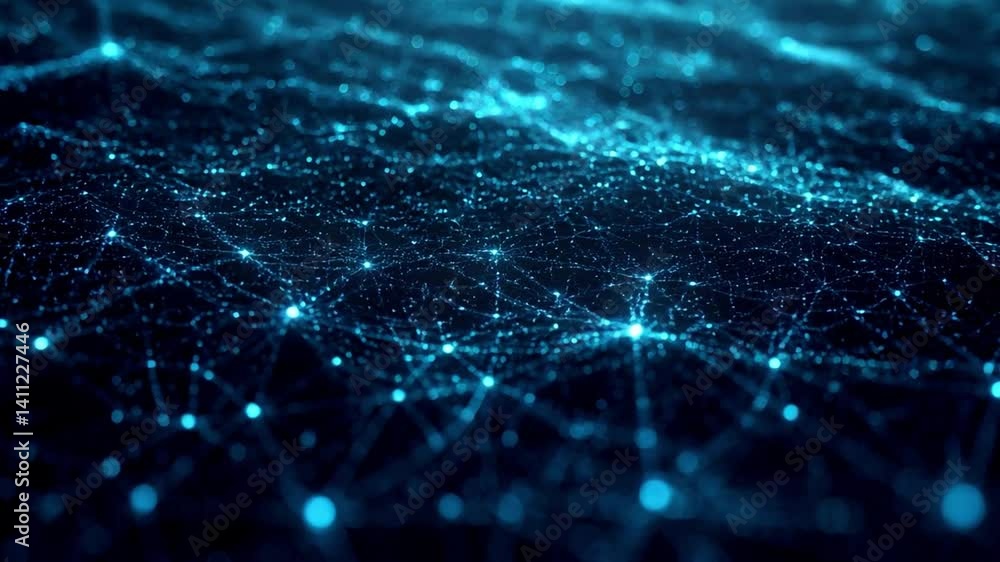 Poster glowing network of interconnected nodes pulsating with energy in digital technology