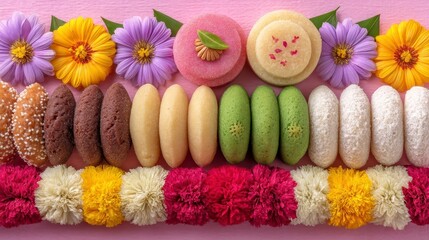 Colorful Sweets and Floral Arrangement on Pink Background