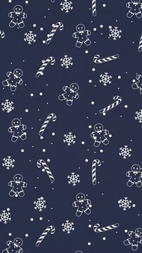 A looping animation of white gingerbread men, candy canes, and snowflakes falling against a dark blue background, creating a festive and cheerful Christmas or winter scene.