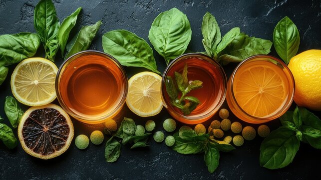 fresh organic vegetables, herbs, citrus fruits, honey, spices, dark background, high contrast, vibrant colors, close-up, studio shot, food photography
