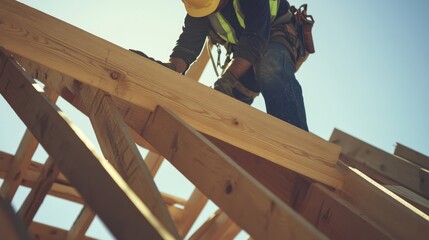 A construction worker placing wooden beams for a roof. Featuring careful positioning and teamwork