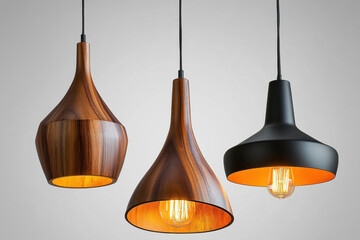 wooden pendants hanging from the ceiling light fixture in a minimalist modern interior.