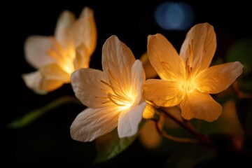 Fototapeta premium surrealist Beautiful white flowers illuminated in soft light against a dark background.