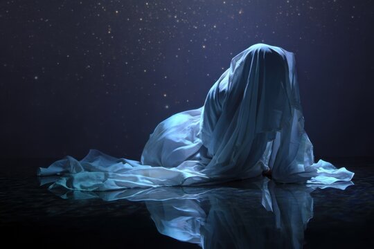 surrealist Mysterious figure draped in fabric against a dark, starry background.