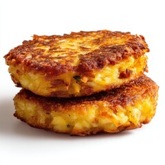 Close up of a stack of two golden brown potato cakes isolated on white background