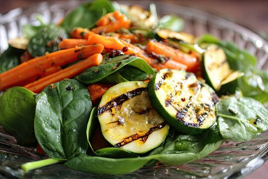 a plate of healthy salad with fresh greens, roasted vegetables, and grilled chicken breast, food photography, beautifully plated, mouthwatering, high quality, appetizing, detailed, sharp focus
