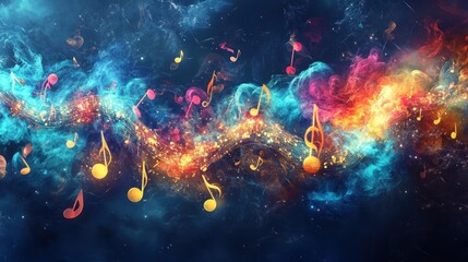 Colorful musical notes swirl in a vibrant abstract design.