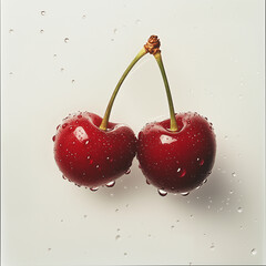 Fresh Red Cherries with Water Droplets - Isolated on White Background