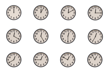 A set of 12 retro-modern aesthetic round wall clocks with black frames and Arabic numerals, each displaying a different time from 00:00 to 00:55 or 12:00 to 12:55. perfect for time management, schedul