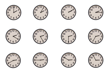 A set of 12 retro-modern aesthetic round wall clocks with black frames and Arabic numerals, each displaying a different time from 02:00 to 02:55 or 14:00 to 14:55. perfect for time management, schedul