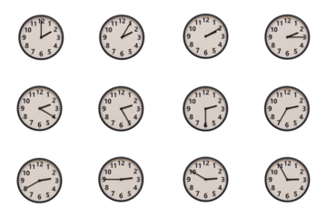 A set of 12 retro-modern aesthetic round wall clocks with black frames and Arabic numerals, each displaying a different time from 02:00 to 02:55 or 14:00 to 14:55. perfect for time management, schedul