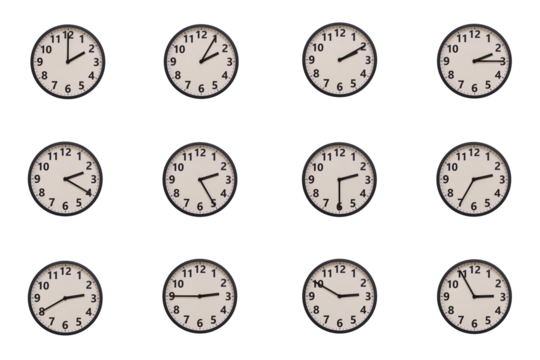 A set of 12 retro-modern aesthetic round wall clocks with black frames and Arabic numerals, each displaying a different time from 02:00 to 02:55 or 14:00 to 14:55. perfect for time management, schedul