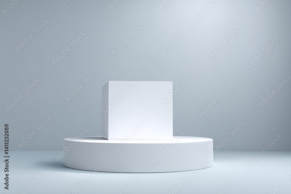 Poster empty podium with volumetric lighting suitable for minimalistic compositions