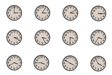 A set of 12 retro-modern aesthetic round wall clocks with black frames and Arabic numerals, each displaying a different time from 03:00 to 03:55 or 15:00 to 15:55. perfect for time management, schedul
