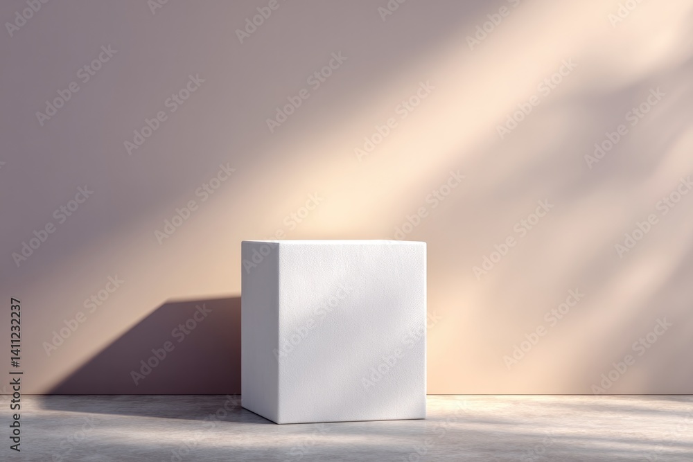 Poster empty podium with volumetric lighting under one spotlight stands on minimalistic monochromatic smoot