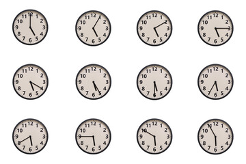 A set of 12 retro-modern aesthetic round wall clocks with black frames and Arabic numerals, each displaying a different time from 05:00 to 05:55 or 17:00 to 17:55. perfect for time management, schedul