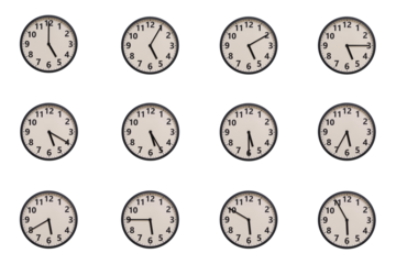 A set of 12 retro-modern aesthetic round wall clocks with black frames and Arabic numerals, each displaying a different time from 05:00 to 05:55 or 17:00 to 17:55. perfect for time management, schedul