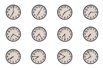 A set of 12 retro-modern aesthetic round wall clocks with black frames and Arabic numerals, each...