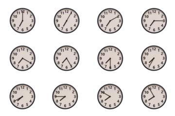 A set of 12 retro-modern aesthetic round wall clocks with black frames and Arabic numerals, each displaying a different time from 07:00 to 07:55 or 19:00 to 19:55. perfect for time management, schedul