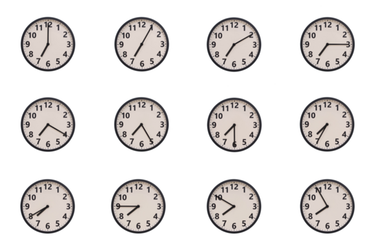 A set of 12 retro-modern aesthetic round wall clocks with black frames and Arabic numerals, each displaying a different time from 07:00 to 07:55 or 19:00 to 19:55. perfect for time management, schedul