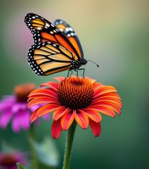 Obraz premium A monarch butterfly with open wings, delicately perched above a vibrant purple coneflower, butterfly, color