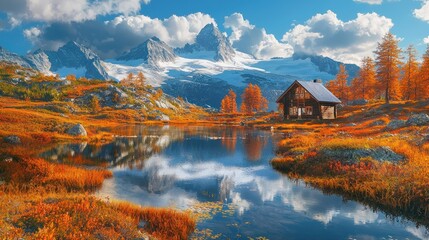 Obraz premium Autumnal Mountain Cabin Reflection