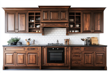 Dark wood cabinets and white subway tile in a modern kitchen, creating a sleek and sophisticated contrast.