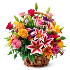 Obraz premium Vibrant mixed flower bouquet in a basket; roses & lilies, bouquet, red