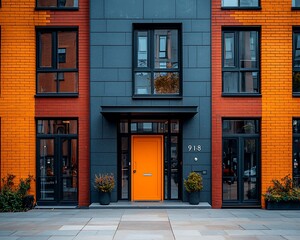 Vibrant modern facade with a pop of orange.  Stylish apartment building exterior featuring a striking orange door and contrasting brick and gray panels