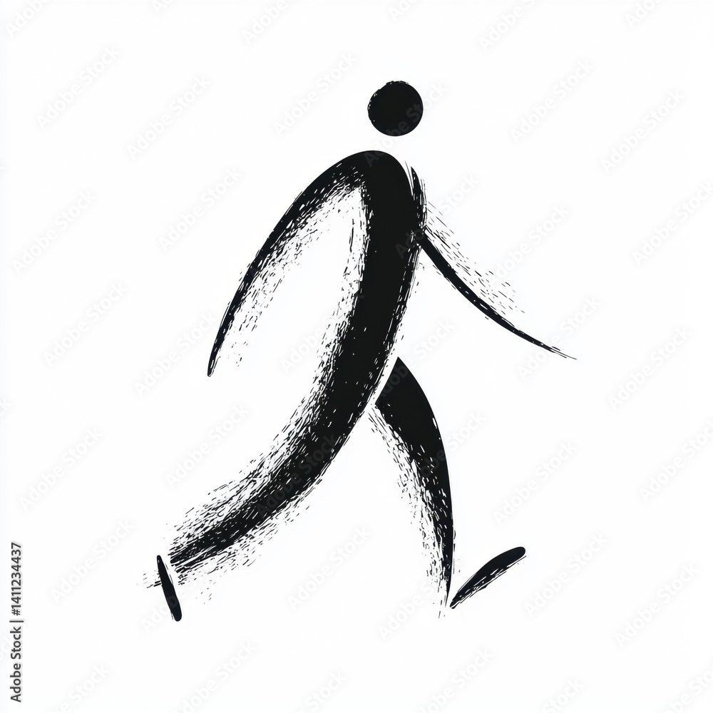 Poster a minimalist illustration of a figure walking, emphasizing motion with bold, abstract lines and a si