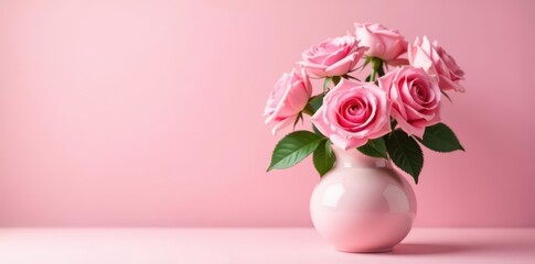 Fototapeta premium Delicate pink roses in a matching vase, soft pink background , rosebuds, pink, background