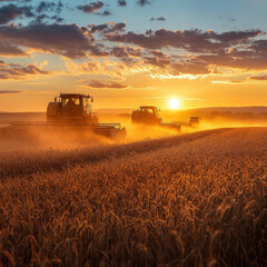 Fototapeta premium combineers harvesting wheat fields at sunset with golden hues.