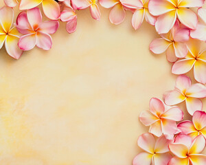 Naklejka premium Rich plumeria flower border in warm yellows and pinks, creating a tropical feel