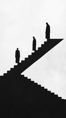 A minimalist silhouette of three figures ascending stairs, symbolizing progress, journey, and contemplation against a stark, monochromatic background.