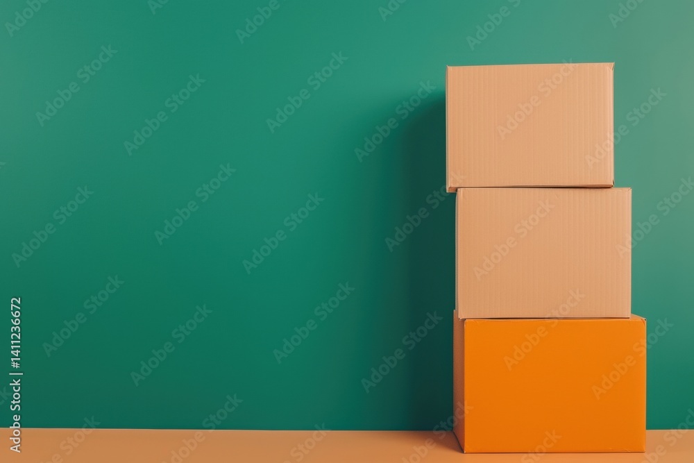 Poster stacked boxes in neutral tones against a teal background create a minimalistic and modern aesthetic.