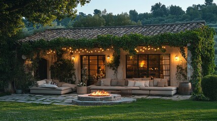 Obraz premium Serene Evening at a Tuscan Villa: Outdoor Relaxation by the Fire