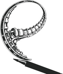 Black and white abstract film-themed design with circles and metallic elements