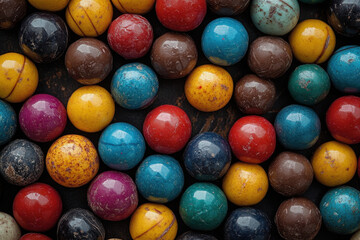 Pile of colorful chocolate eggs, vibrant and assorted, forming a tempting display.