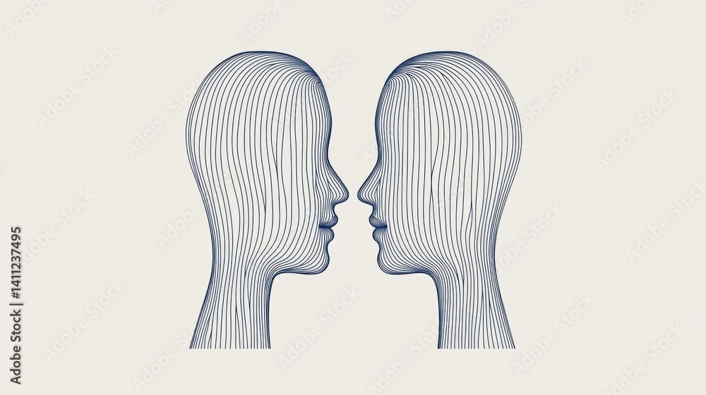 Poster two abstract faces in profile, intricately designed with linear patterns, facing each other against 