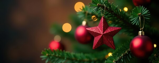 Obraz premium Close-up of a Christmas tree branch with several red star ornaments , red star ornament, festive season