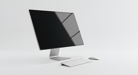 a sleek desktop monitor with a wireless keyboard and mouse, floating on white background