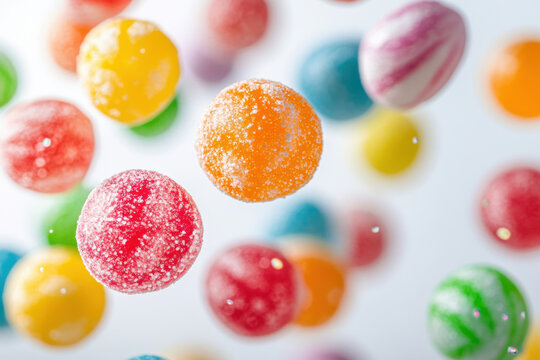 Colorful candis scatter on white surface, casting vibrant hues.