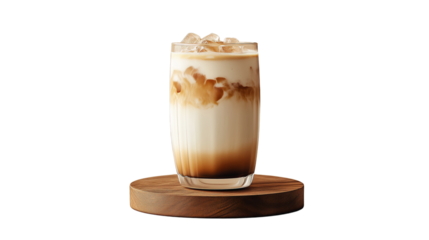 Iced drink features layers of cream and coffee with ice, PNG, created with Generative AI