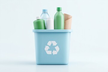 3d illustration of recycling bin filled with various recyclable materials on white background