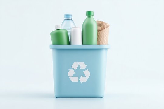 3d illustration of recycling bin filled with various recyclable materials on white background