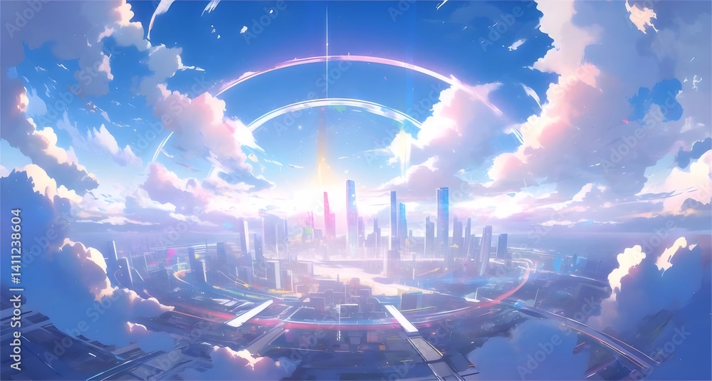 Poster 未来都市の風景 鮮やかな青空と雲の下にそびえ立つ高層ビルのパノラマビュー