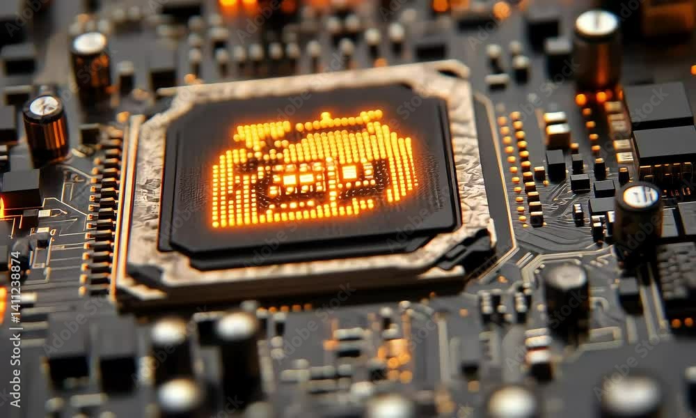 Poster close-up blue electronic circuit board shows computer motherboard hardware with digital chips and pr