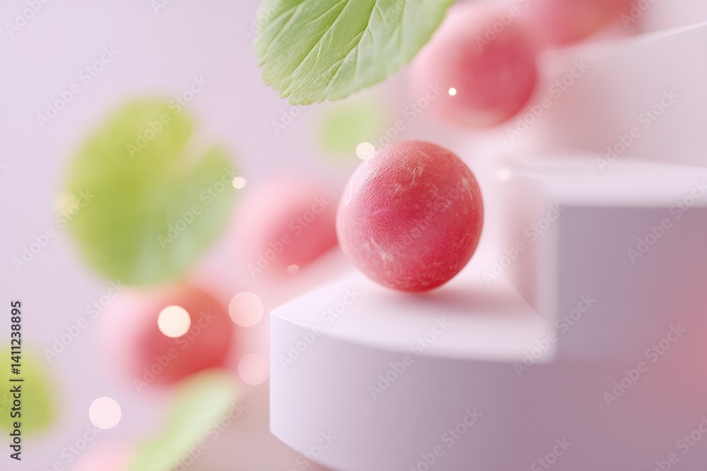 Poster clean and creative rendering of radishes forming spiral staircase surrounded by abstract glowing ele